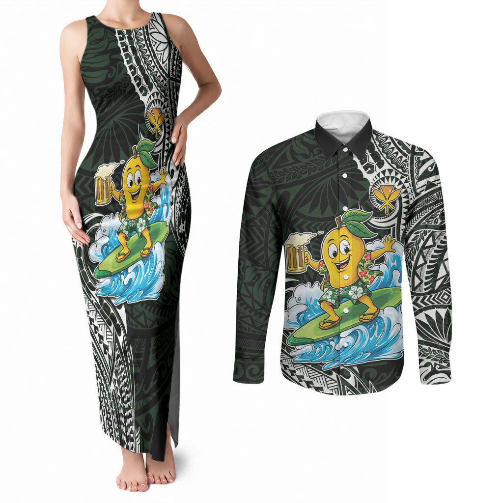 Aloha Hawaii Mango Surfing Couples Matching Tank Maxi Dress and Long Sleeve Button Shirt Polynesian Style LT05 Black - Polynesian Pride