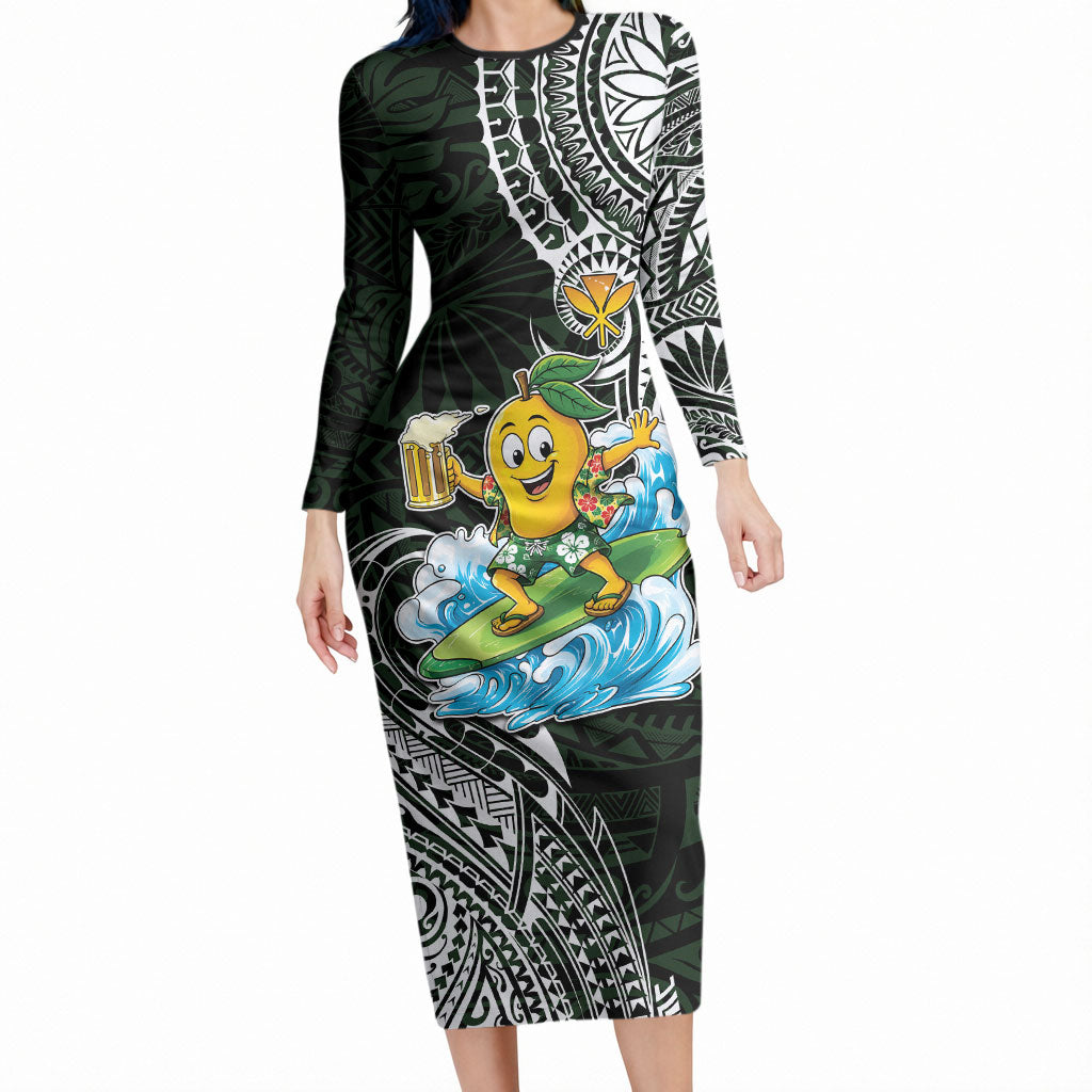 Aloha Hawaii Mango Surfing Long Sleeve Bodycon Dress Polynesian Style LT05 Long Dress Black - Polynesian Pride