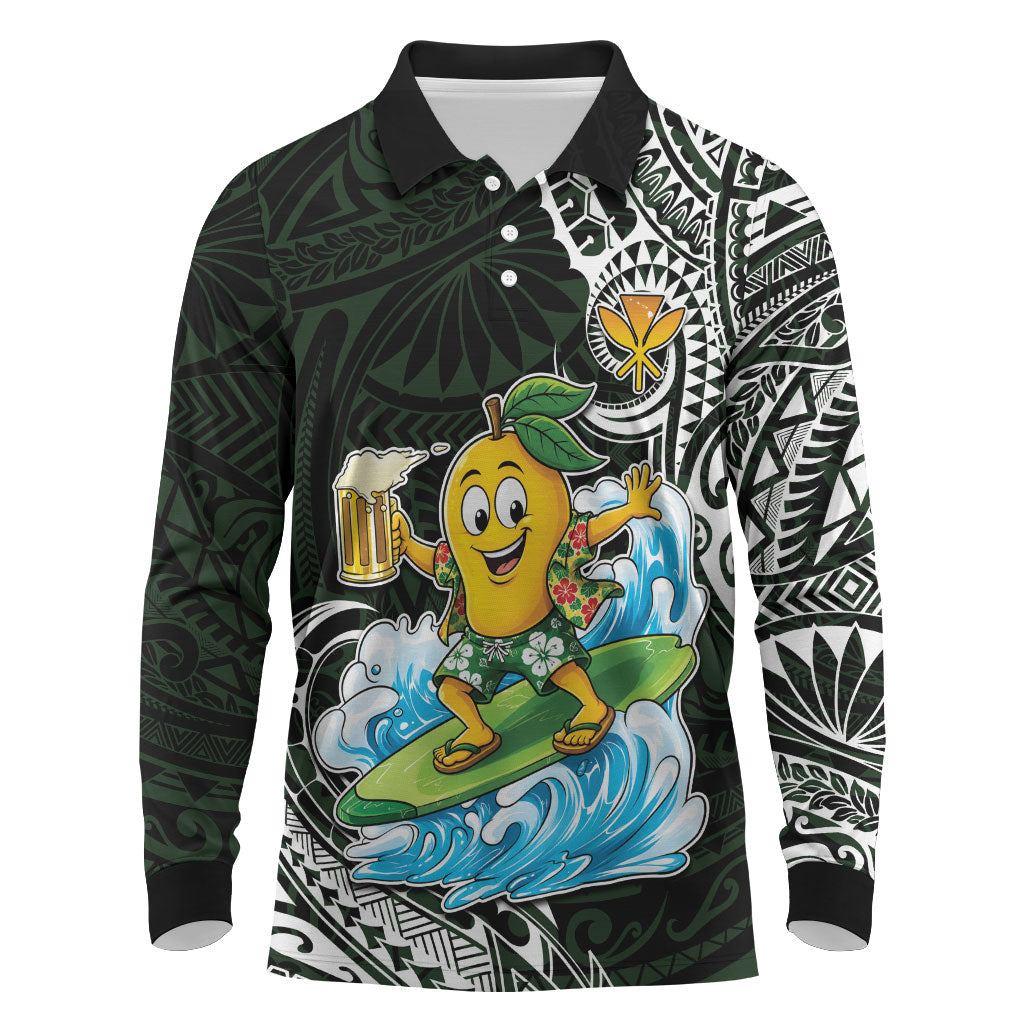 Aloha Hawaii Mango Surfing Long Sleeve Polo Shirt Polynesian Style LT05 Black - Polynesian Pride