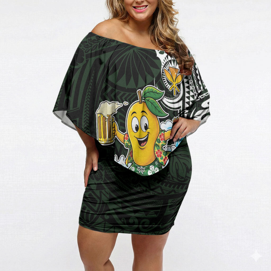 Aloha Hawaii Mango Surfing Off Shoulder Short Dress Polynesian Style LT05 Women Black - Polynesian Pride