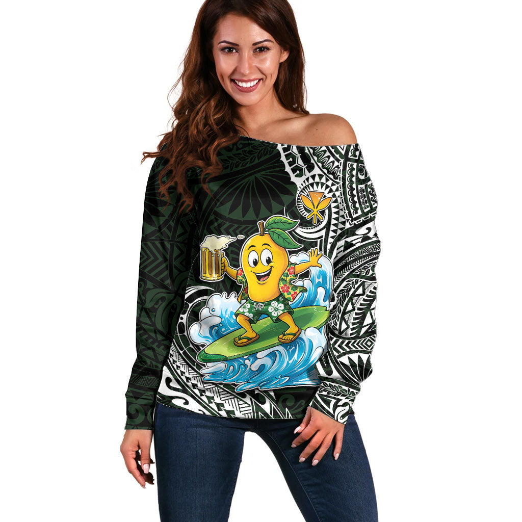 Aloha Hawaii Mango Surfing Off Shoulder Sweater Polynesian Style LT05 Women Black - Polynesian Pride