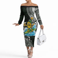 Aloha Hawaii Mango Surfing Off The Shoulder Long Sleeve Dress Polynesian Style LT05 Women Black - Polynesian Pride