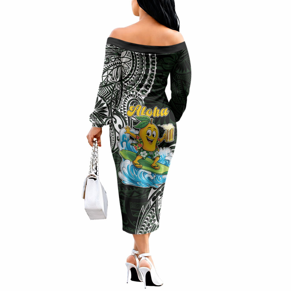 Aloha Hawaii Mango Surfing Off The Shoulder Long Sleeve Dress Polynesian Style LT05 - Polynesian Pride
