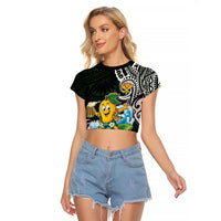 Aloha Hawaii Mango Surfing Raglan Cropped T Shirt Polynesian Style LT05 Female Black - Polynesian Pride