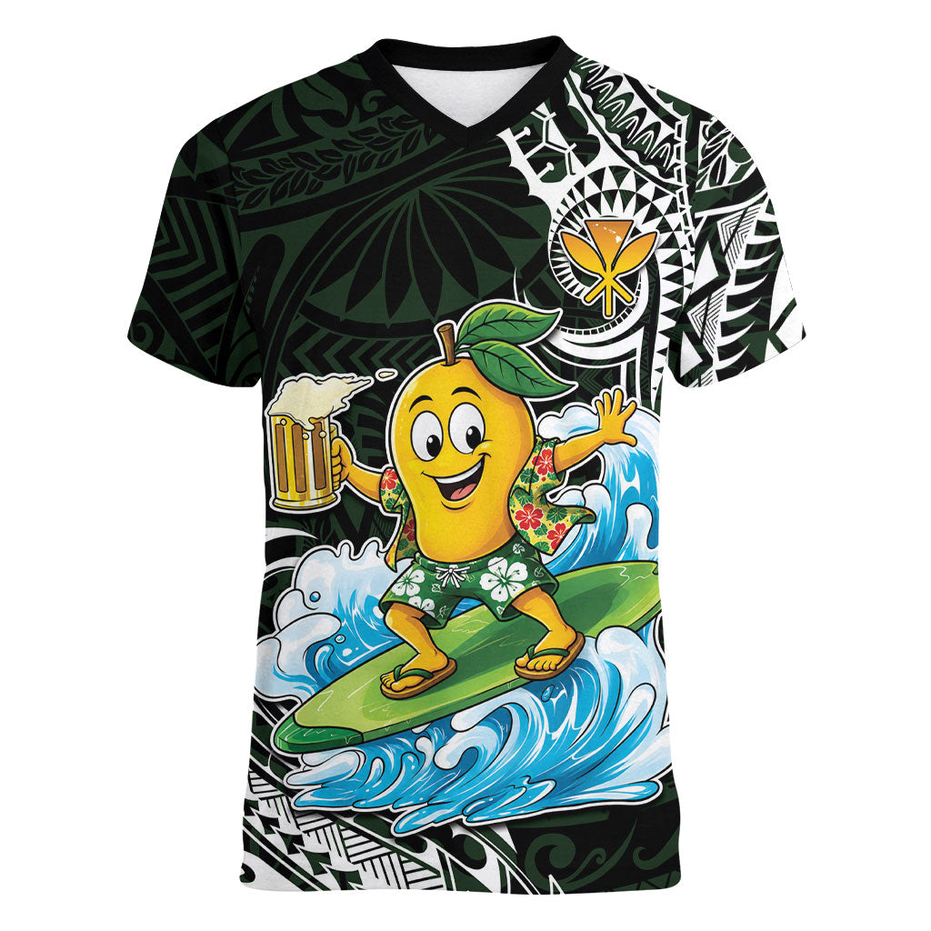 Aloha Hawaii Mango Surfing Women V-Neck T-Shirt Polynesian Style LT05 Female Black - Polynesian Pride