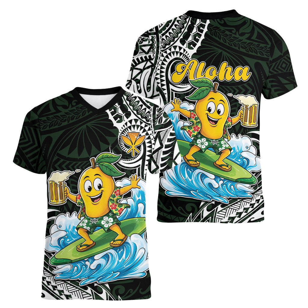 Aloha Hawaii Mango Surfing Women V-Neck T-Shirt Polynesian Style LT05 - Polynesian Pride