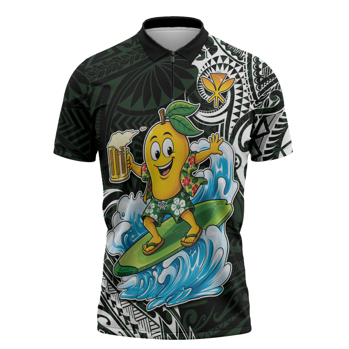 Aloha Hawaii Mango Surfing Zipper Polo Shirt Polynesian Style LT05 Black - Polynesian Pride