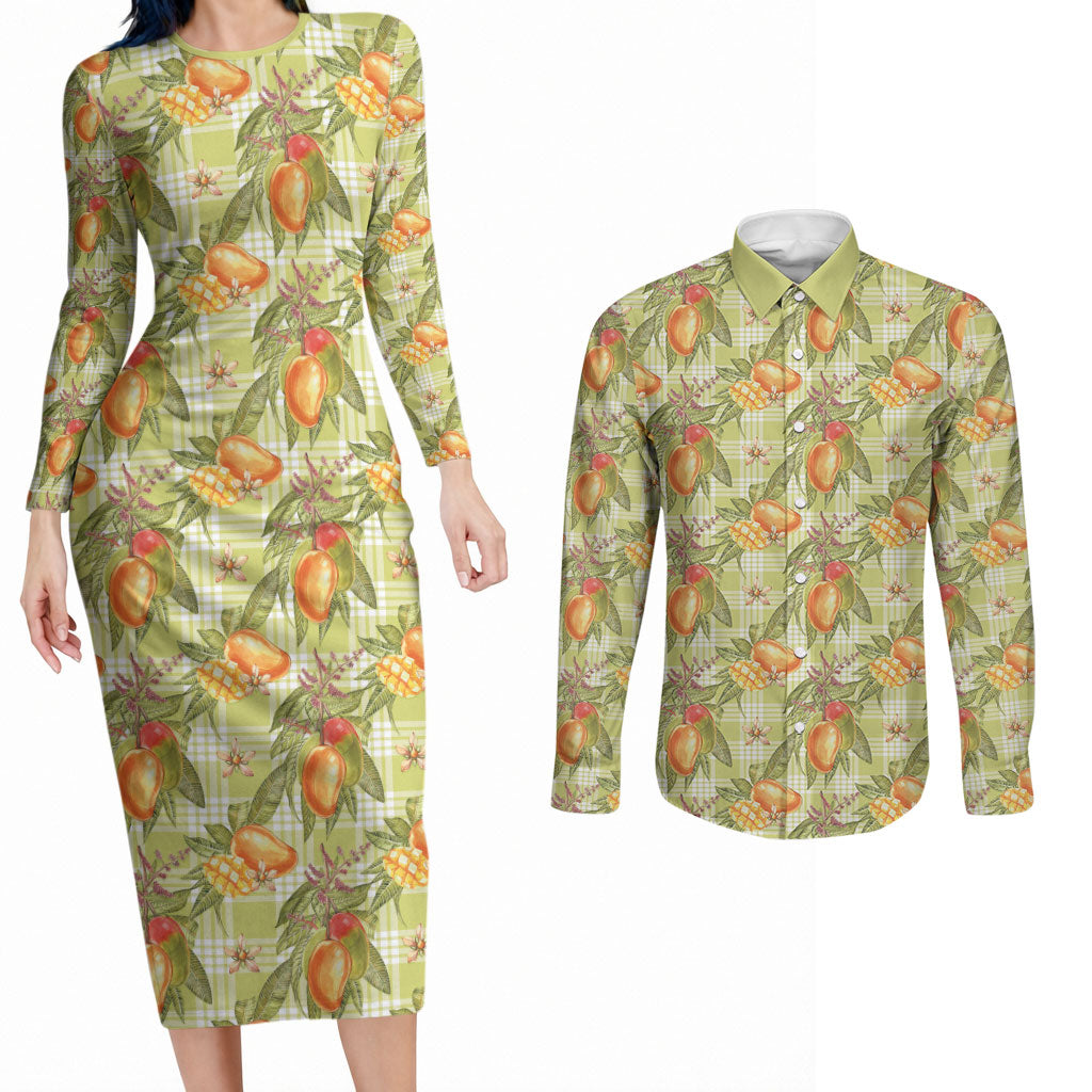 Vintage Hawaii Mango Couples Matching Long Sleeve Bodycon Dress and Long Sleeve Button Shirt Yellow Green Hawaiian Palaka LT05 Green - Polynesian Pride
