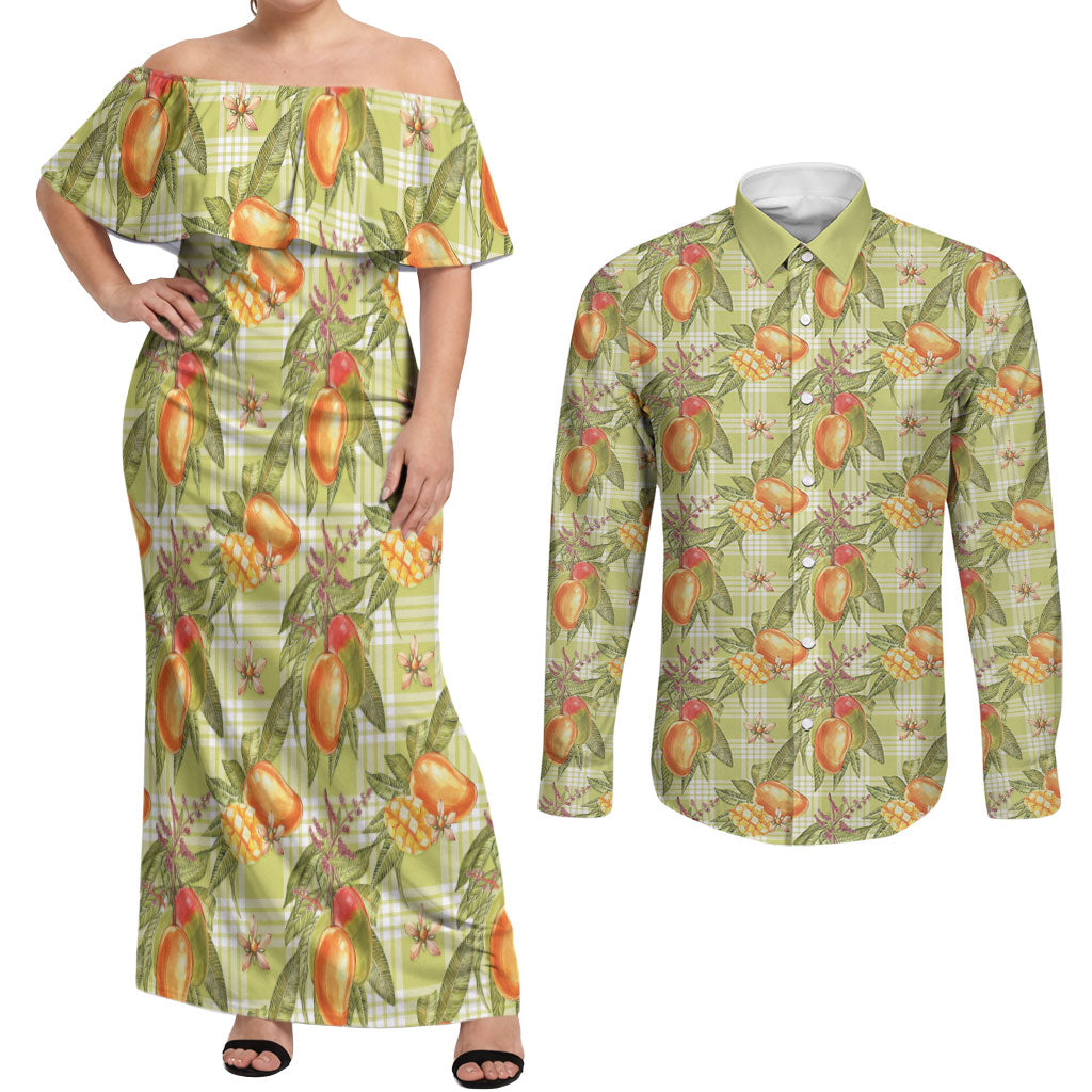 Vintage Hawaii Mango Couples Matching Off Shoulder Maxi Dress and Long Sleeve Button Shirt Yellow Green Hawaiian Palaka LT05 Green - Polynesian Pride
