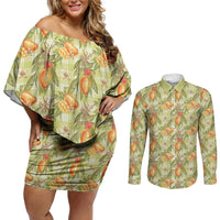 Vintage Hawaii Mango Couples Matching Off Shoulder Short Dress and Long Sleeve Button Shirt Yellow Green Hawaiian Palaka LT05 Green - Polynesian Pride