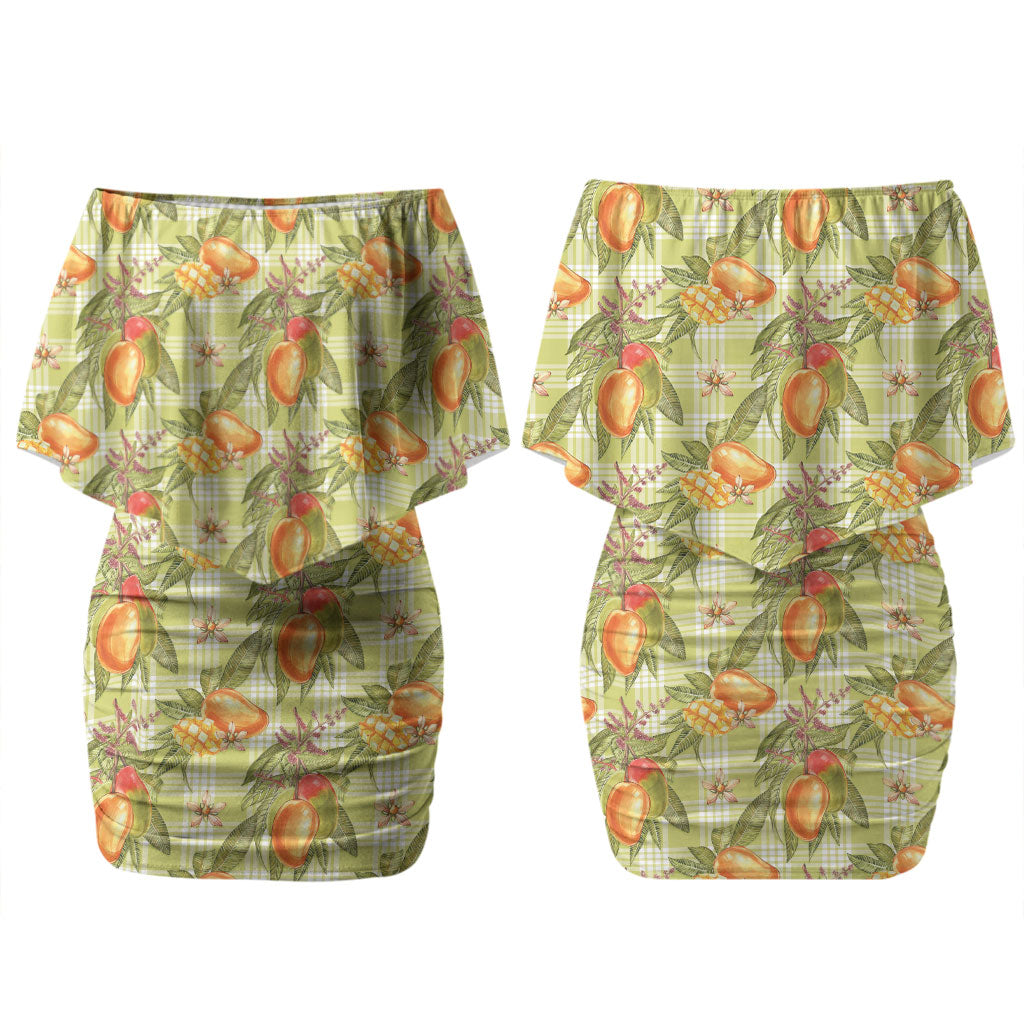 Vintage Hawaii Mango Couples Matching Off Shoulder Short Dress and Long Sleeve Button Shirt Yellow Green Hawaiian Palaka LT05 - Polynesian Pride