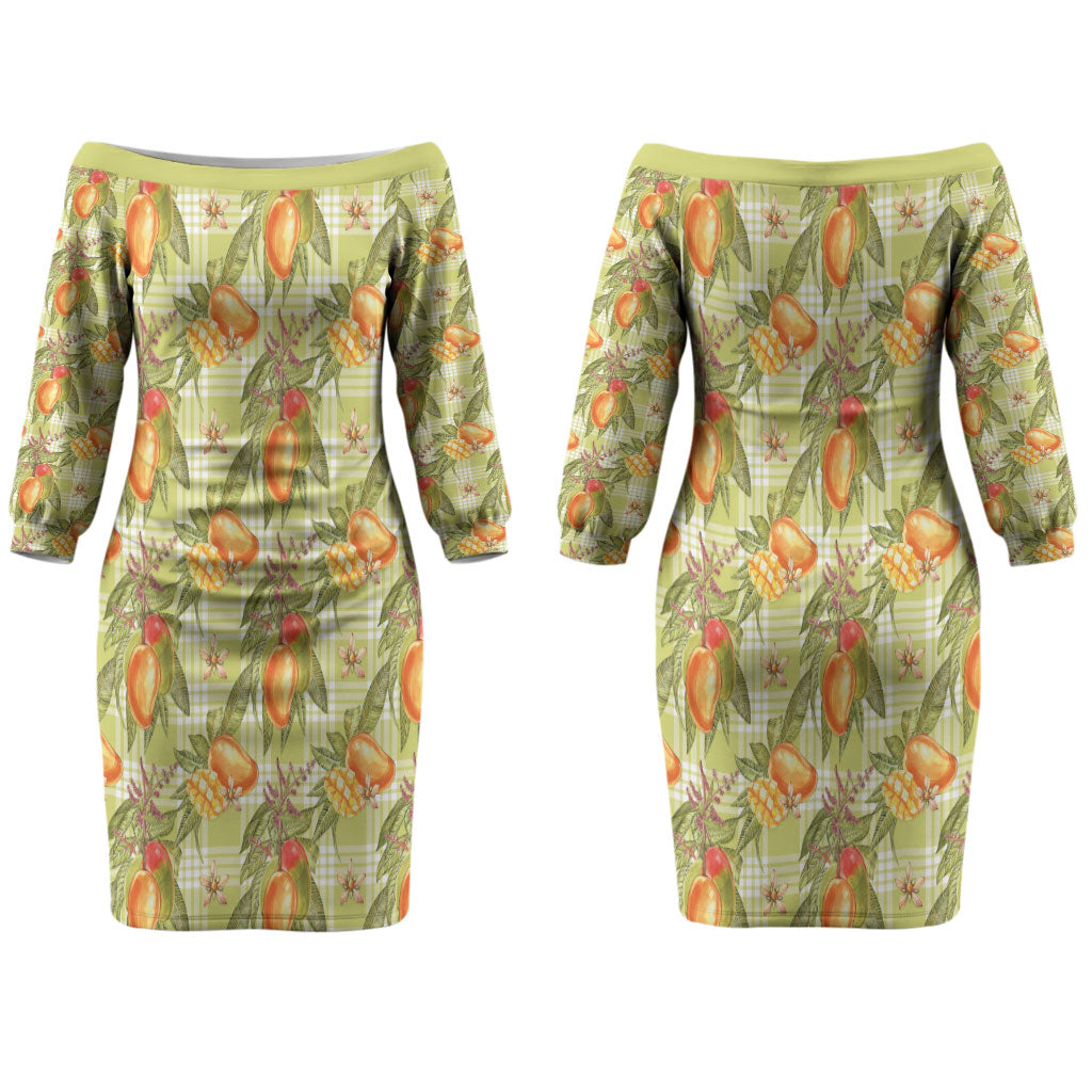 Vintage Hawaii Mango Couples Matching Off The Shoulder Long Sleeve Dress and Hawaiian Shirt Yellow Green Hawaiian Palaka LT05 - Polynesian Pride