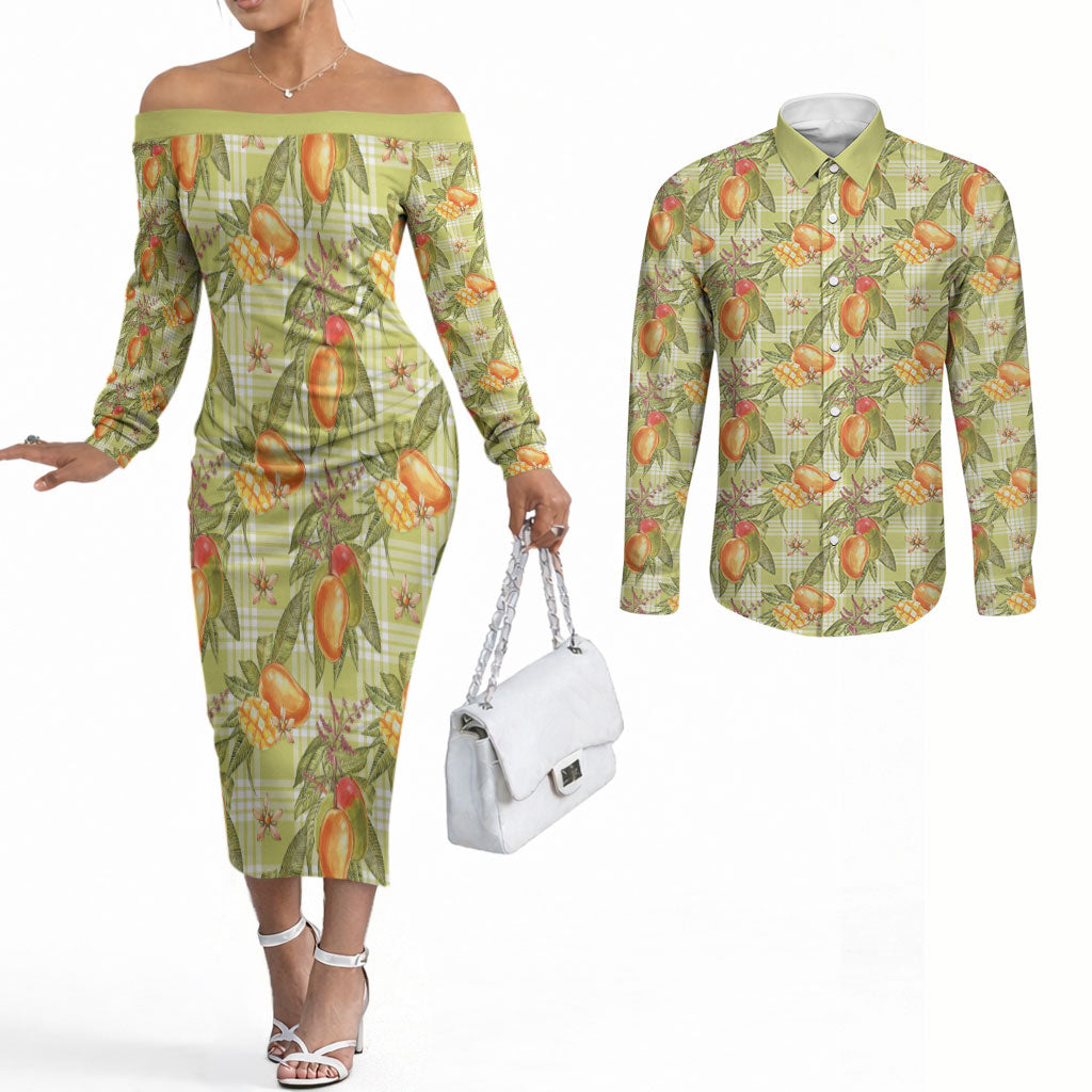 Vintage Hawaii Mango Couples Matching Off The Shoulder Long Sleeve Dress and Long Sleeve Button Shirt Yellow Green Hawaiian Palaka LT05 Green - Polynesian Pride