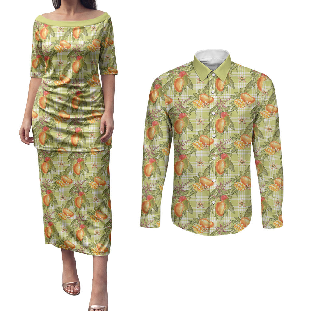 Vintage Hawaii Mango Couples Matching Puletasi and Long Sleeve Button Shirt Yellow Green Hawaiian Palaka LT05 Green - Polynesian Pride