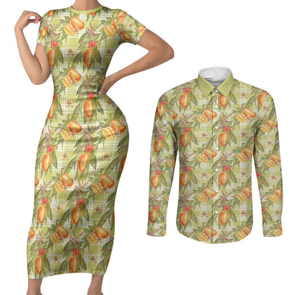 Vintage Hawaii Mango Couples Matching Short Sleeve Bodycon Dress and Long Sleeve Button Shirt Yellow Green Hawaiian Palaka LT05 Green - Polynesian Pride