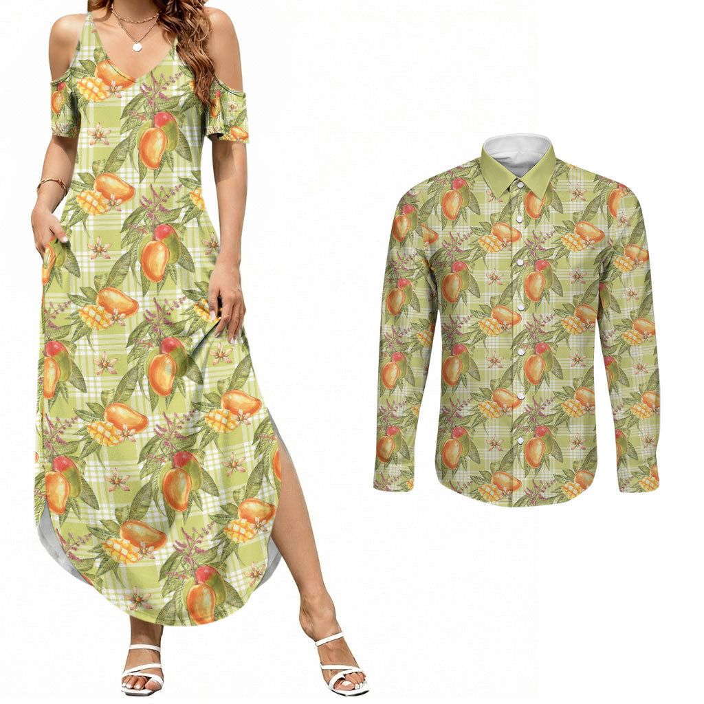 Vintage Hawaii Mango Couples Matching Summer Maxi Dress and Long Sleeve Button Shirt Yellow Green Hawaiian Palaka LT05 Green - Polynesian Pride