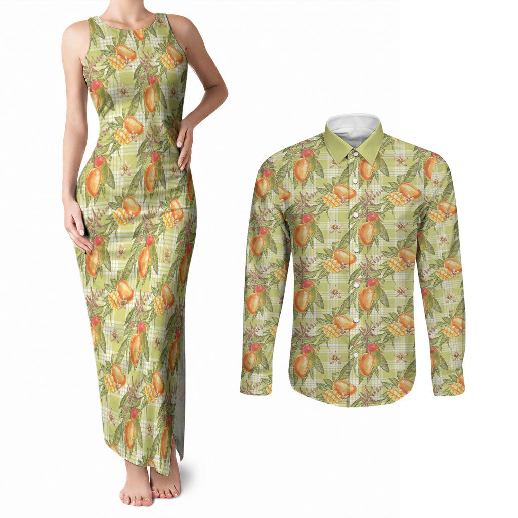 Vintage Hawaii Mango Couples Matching Tank Maxi Dress and Long Sleeve Button Shirt Yellow Green Hawaiian Palaka LT05 Green - Polynesian Pride