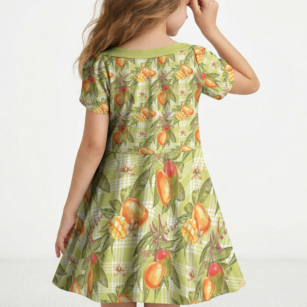 Vintage Hawaii Mango Kid Short Sleeve Dress Yellow Green Hawaiian Palaka LT05 - Polynesian Pride