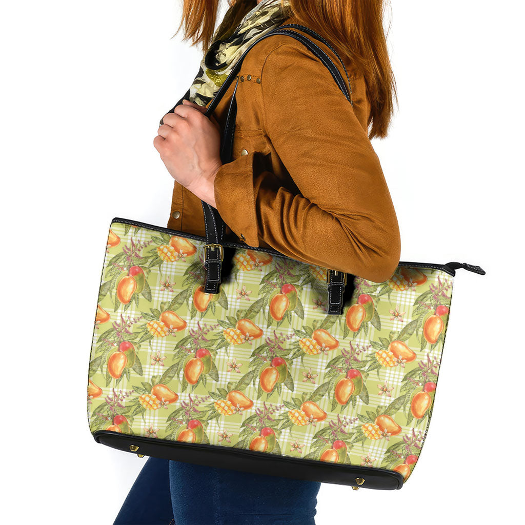 Vintage Hawaii Mango Leather Tote Bag Yellow Green Hawaiian Palaka LT05 Green - Polynesian Pride