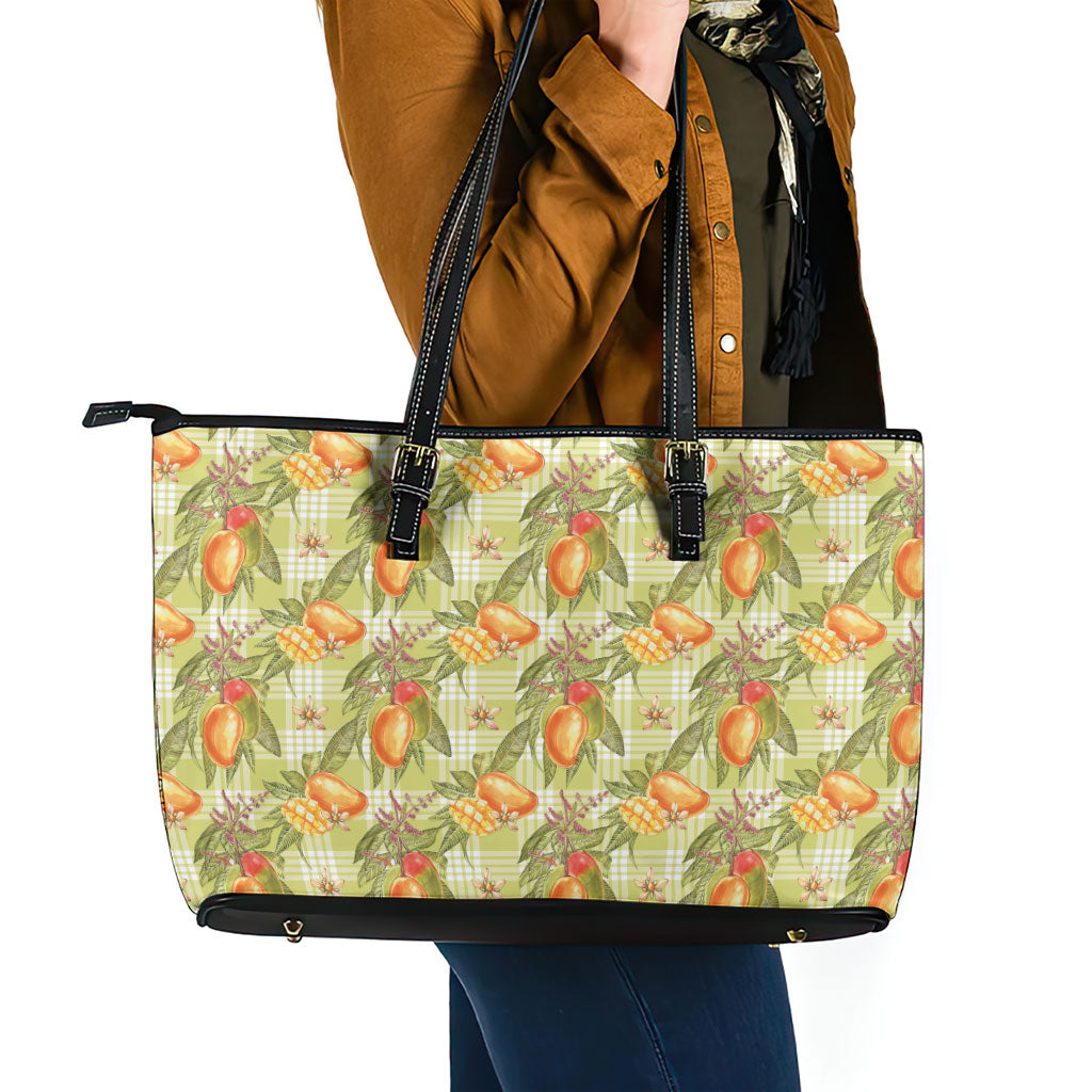 Vintage Hawaii Mango Leather Tote Bag Yellow Green Hawaiian Palaka LT05 - Polynesian Pride