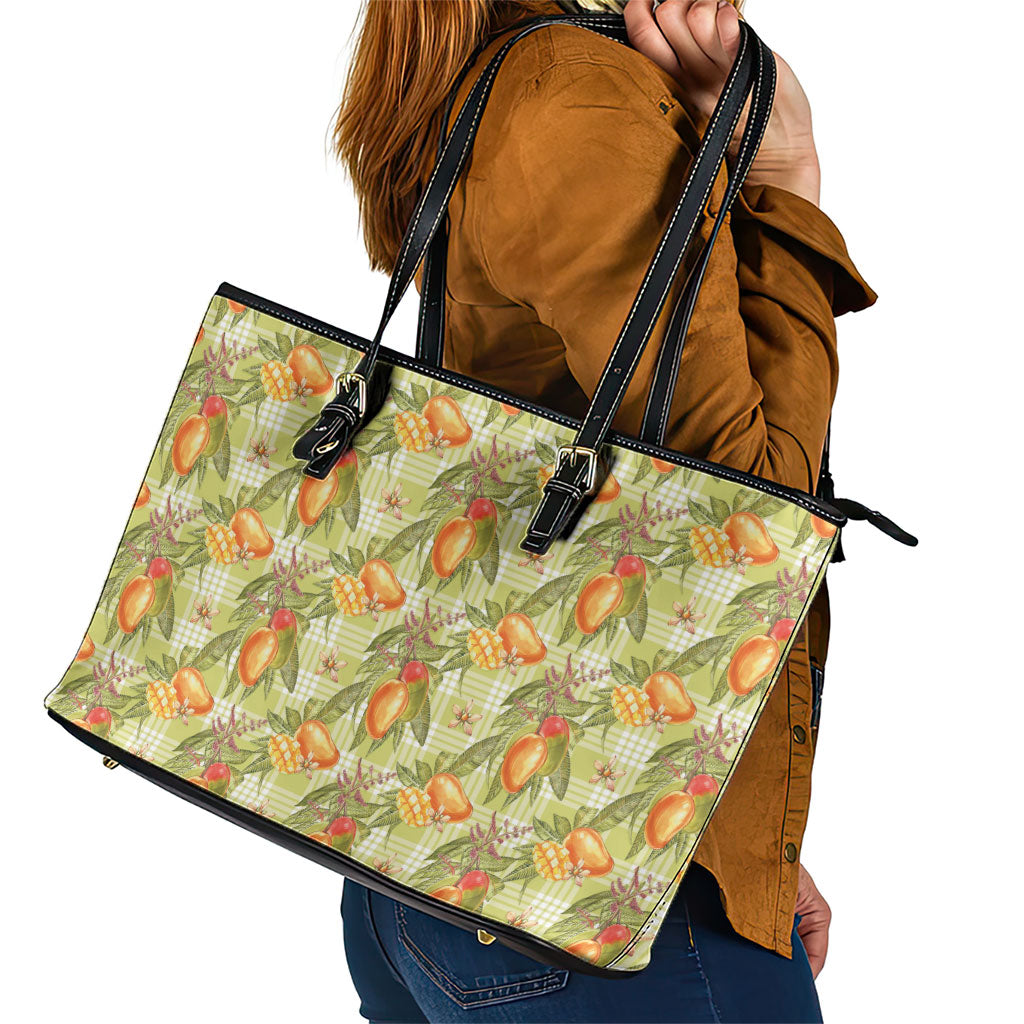 Vintage Hawaii Mango Leather Tote Bag Yellow Green Hawaiian Palaka LT05 - Polynesian Pride