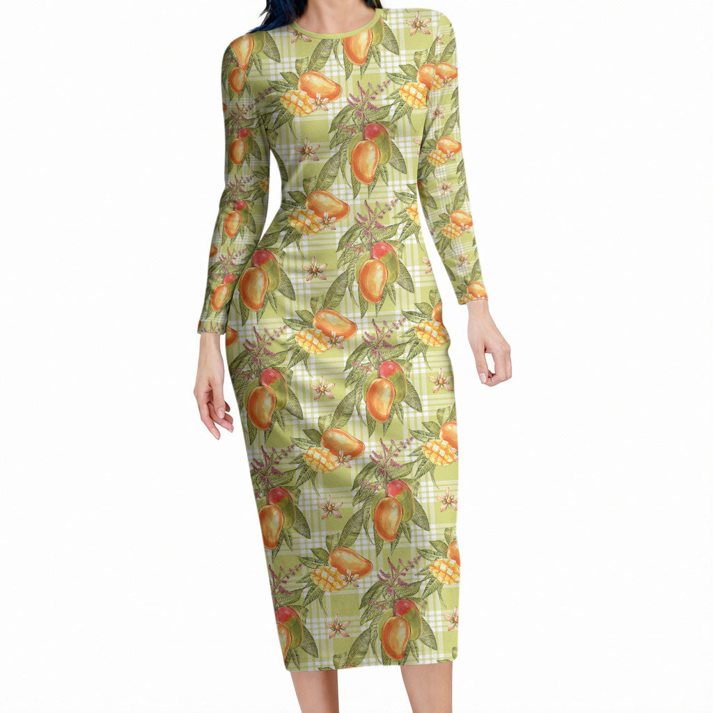 Vintage Hawaii Mango Long Sleeve Bodycon Dress Yellow Green Hawaiian Palaka LT05 Long Dress Green - Polynesian Pride