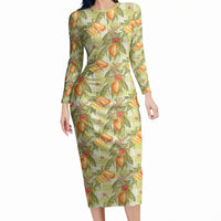 Vintage Hawaii Mango Long Sleeve Bodycon Dress Yellow Green Hawaiian Palaka LT05 Long Dress Green - Polynesian Pride
