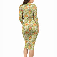 Vintage Hawaii Mango Long Sleeve Bodycon Dress Yellow Green Hawaiian Palaka LT05 - Polynesian Pride