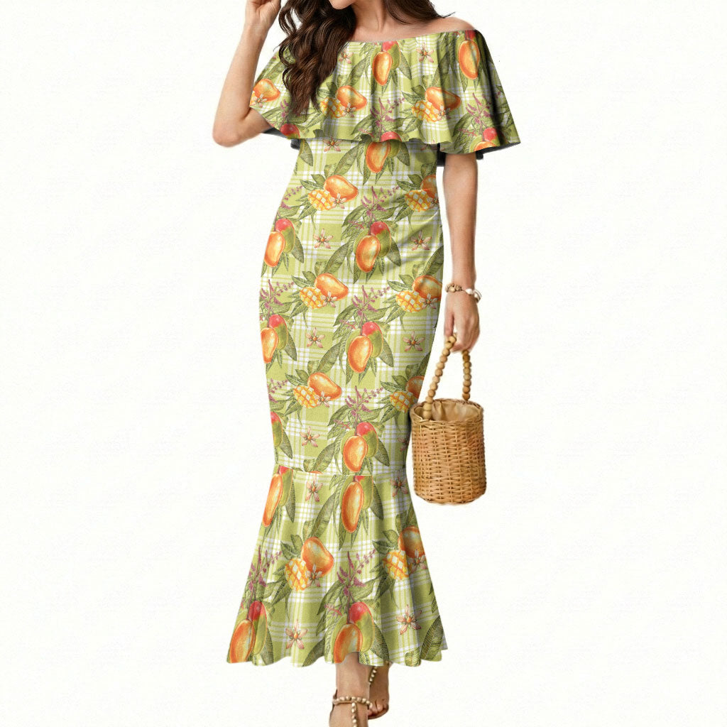 Vintage Hawaii Mango Mermaid Dress Yellow Green Hawaiian Palaka LT05 Women Green - Polynesian Pride
