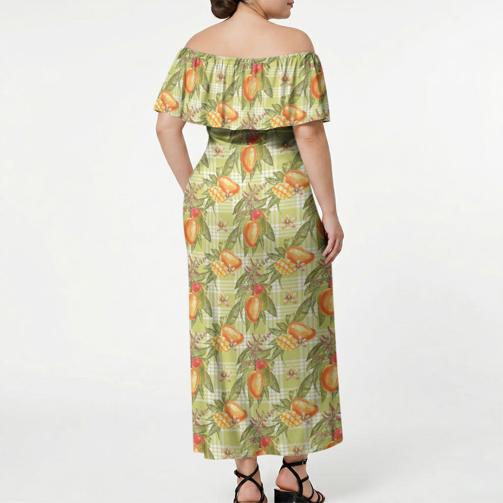 Vintage Hawaii Mango Off Shoulder Maxi Dress Yellow Green Hawaiian Palaka LT05 - Polynesian Pride