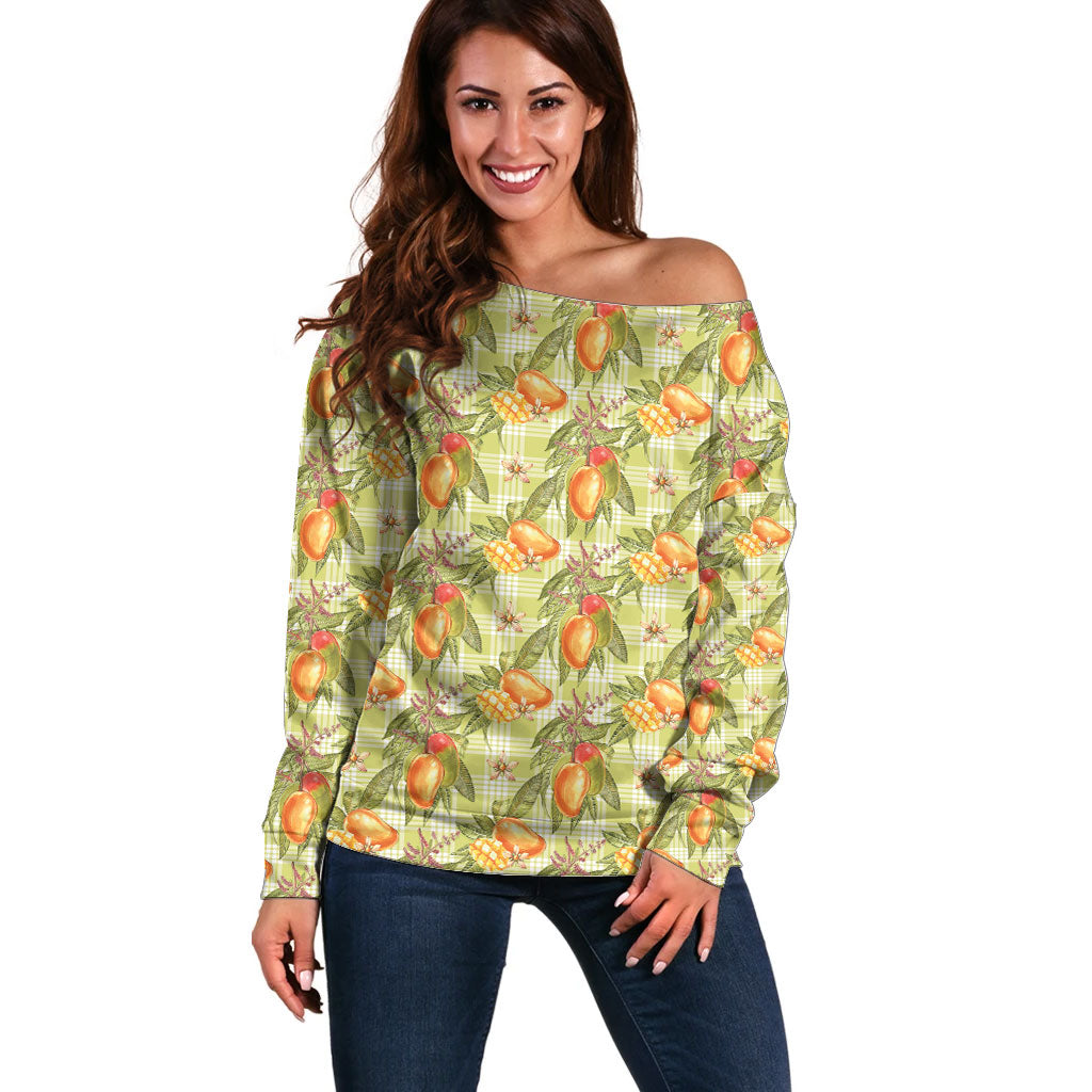 Vintage Hawaii Mango Off Shoulder Sweater Yellow Green Hawaiian Palaka LT05 Women Green - Polynesian Pride