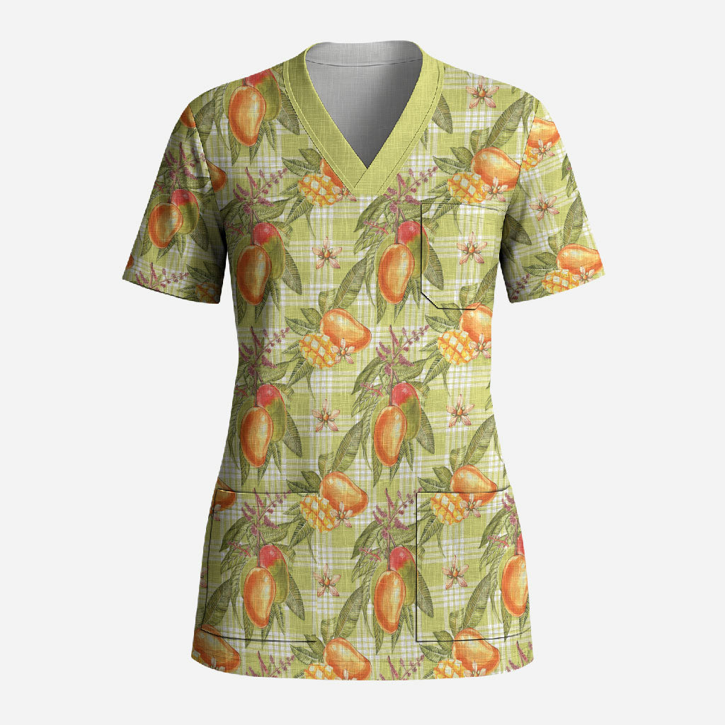 Vintage Hawaii Mango Scrub Top Yellow Green Hawaiian Palaka LT05 Adult Green - Polynesian Pride