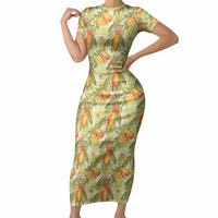 Vintage Hawaii Mango Short Sleeve Bodycon Dress Yellow Green Hawaiian Palaka LT05 Long Dress Green - Polynesian Pride