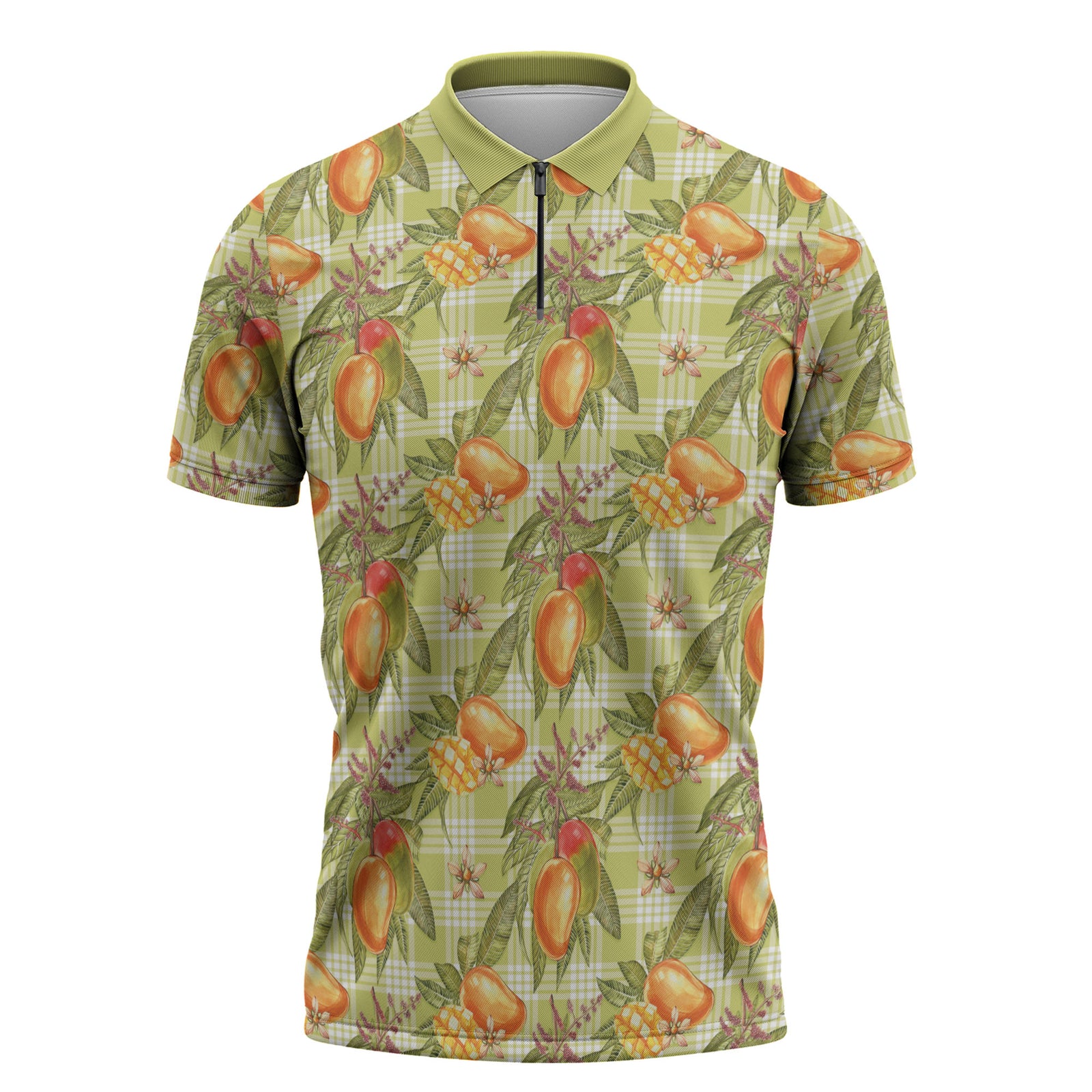 Vintage Hawaii Mango Zipper Polo Shirt Yellow Green Hawaiian Palaka LT05 Green - Polynesian Pride
