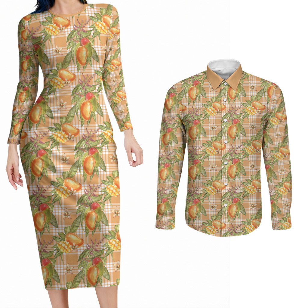 Vintage Hawaii Mango Couples Matching Long Sleeve Bodycon Dress and Long Sleeve Button Shirt Coral Hawaiian Palaka LT05 Orange - Polynesian Pride