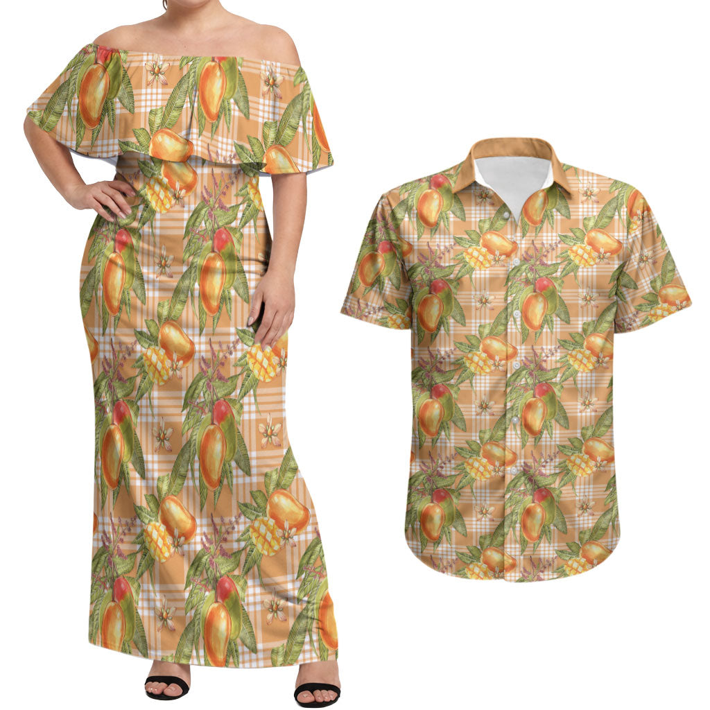 Vintage Hawaii Mango Couples Matching Off Shoulder Maxi Dress and Hawaiian Shirt Coral Hawaiian Palaka LT05 Orange - Polynesian Pride