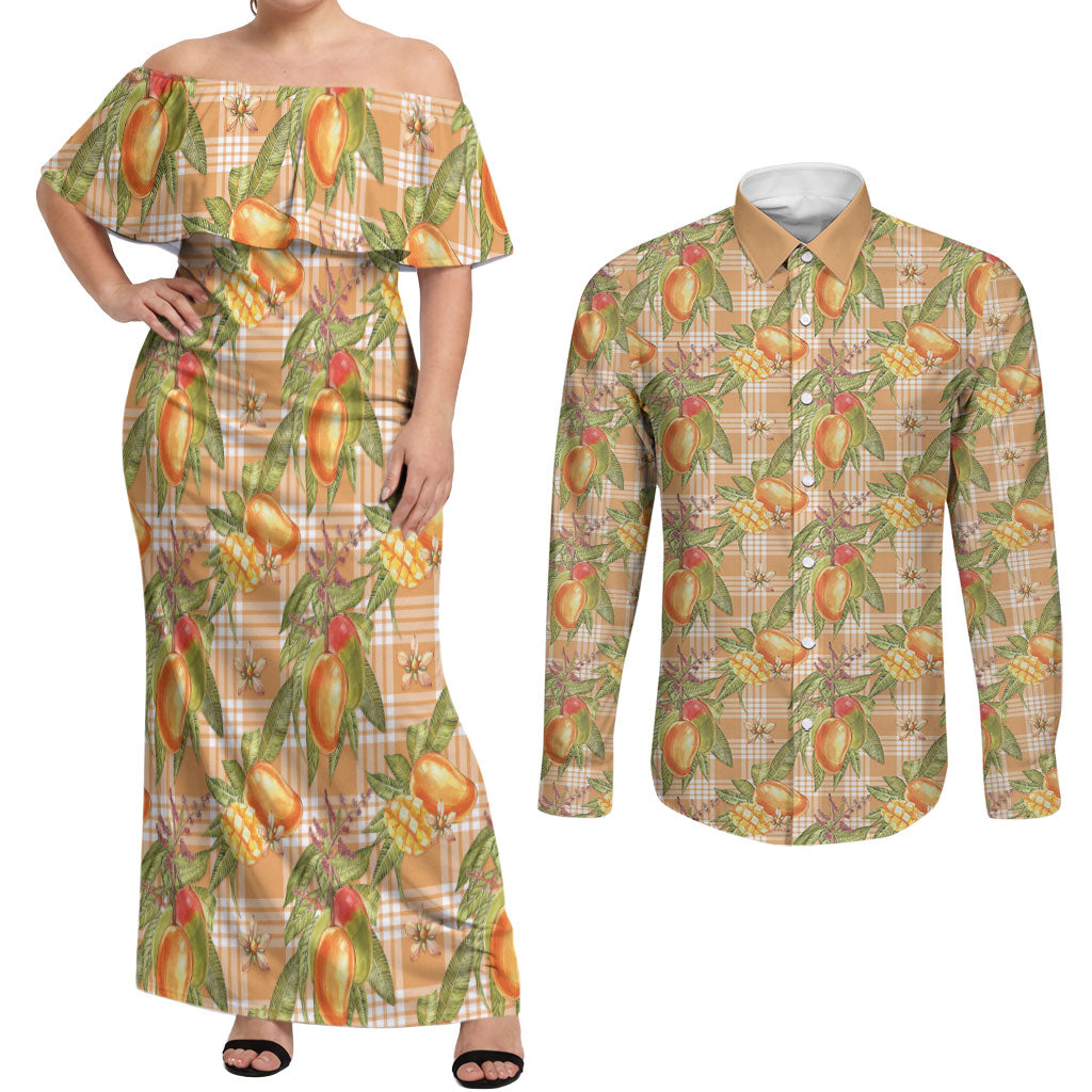 Vintage Hawaii Mango Couples Matching Off Shoulder Maxi Dress and Long Sleeve Button Shirt Coral Hawaiian Palaka LT05 Orange - Polynesian Pride