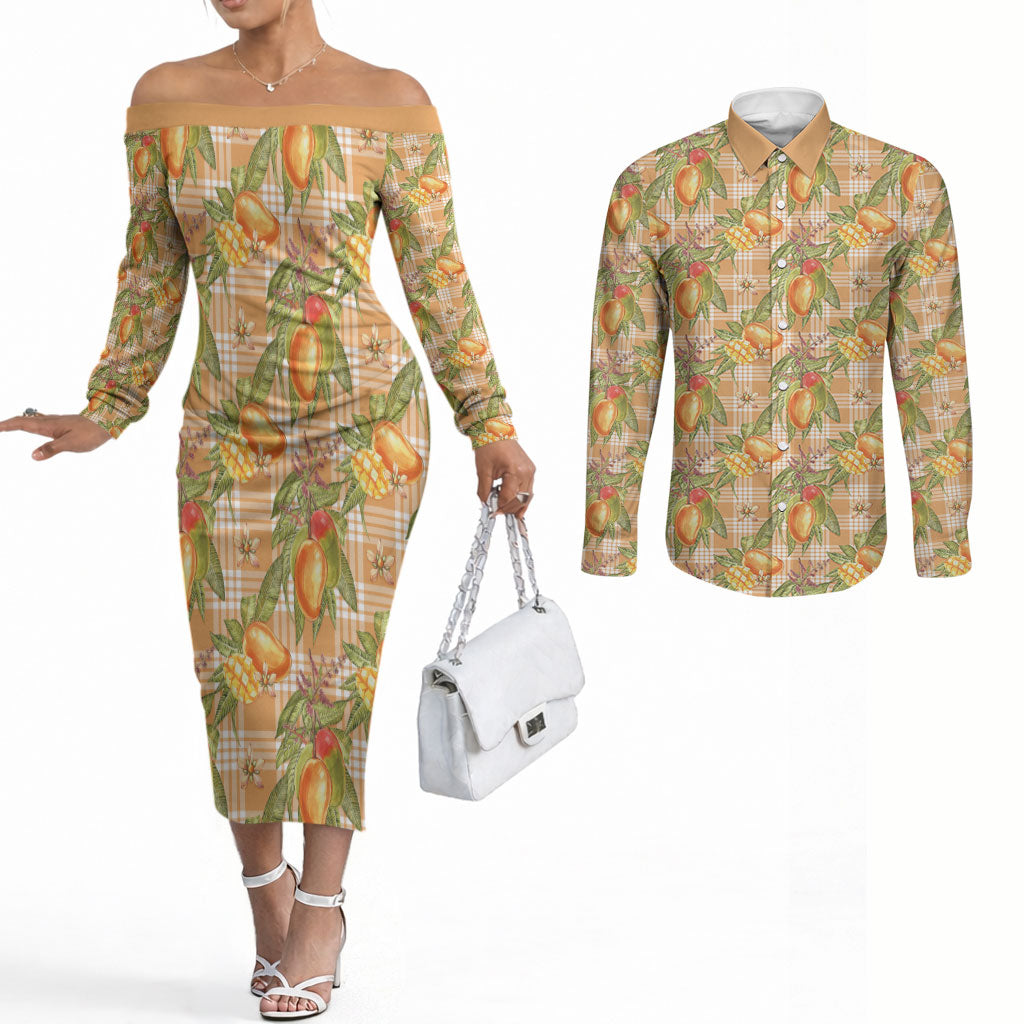 Vintage Hawaii Mango Couples Matching Off The Shoulder Long Sleeve Dress and Long Sleeve Button Shirt Coral Hawaiian Palaka LT05 Orange - Polynesian Pride