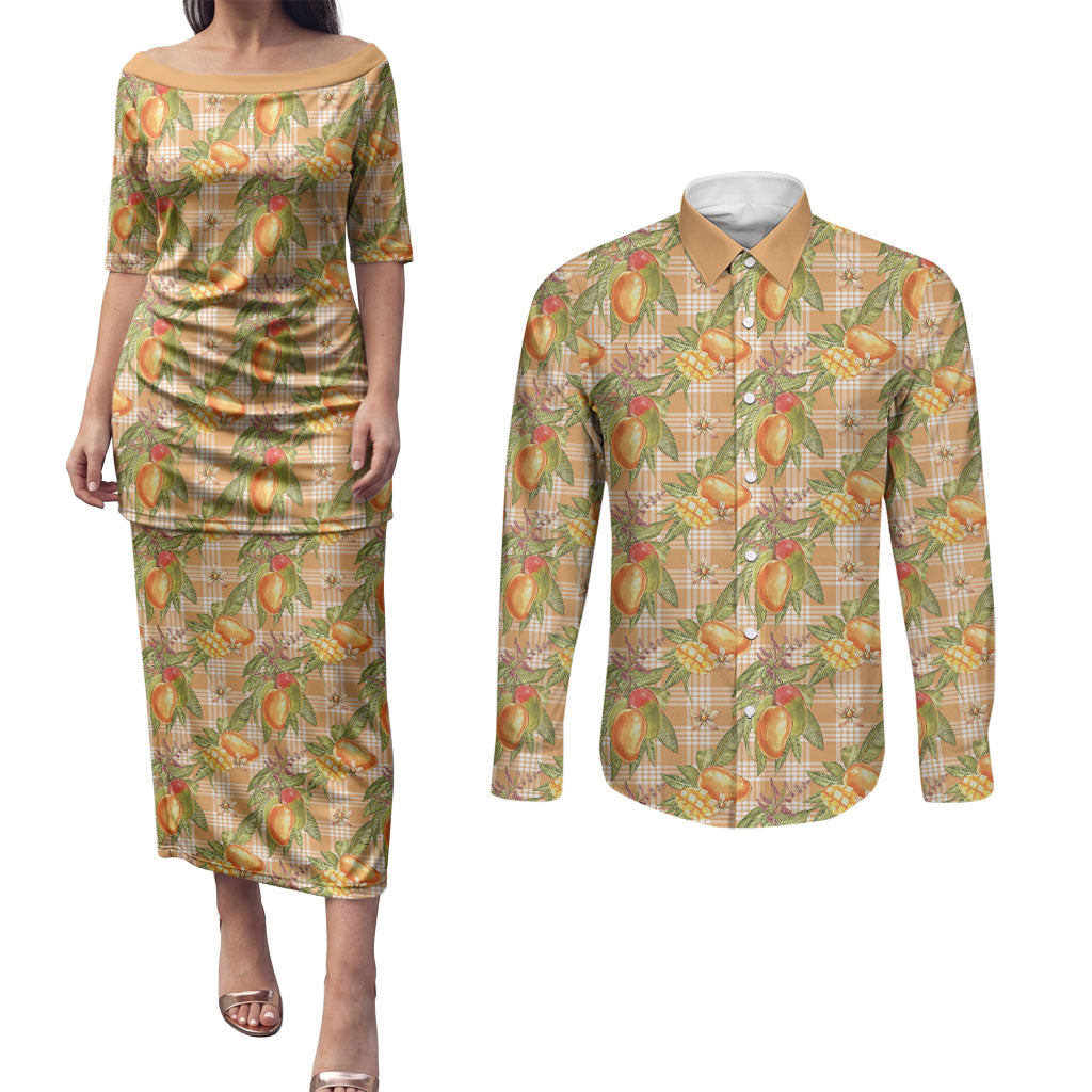 Vintage Hawaii Mango Couples Matching Puletasi and Long Sleeve Button Shirt Coral Hawaiian Palaka LT05 Orange - Polynesian Pride