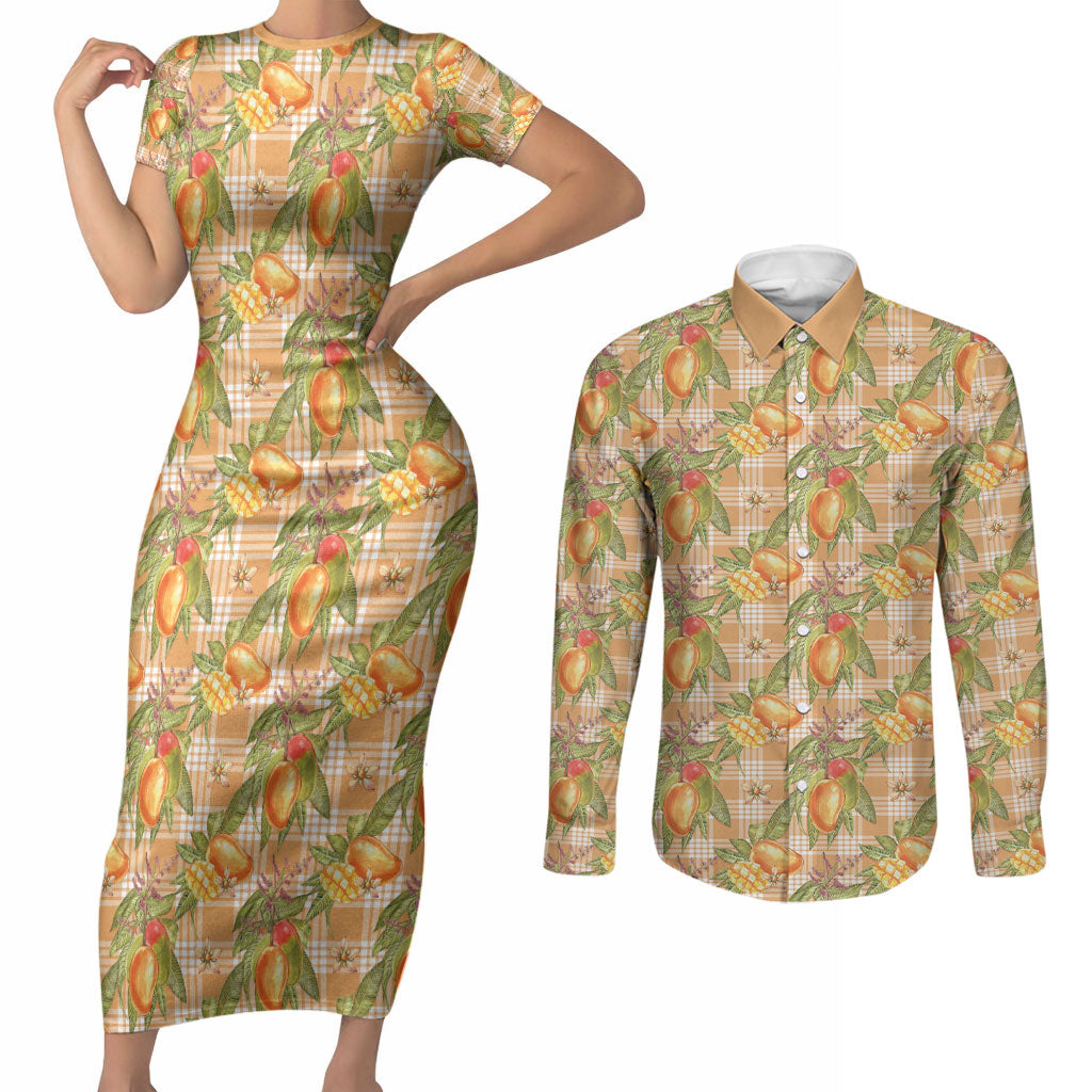 Vintage Hawaii Mango Couples Matching Short Sleeve Bodycon Dress and Long Sleeve Button Shirt Coral Hawaiian Palaka LT05 Orange - Polynesian Pride