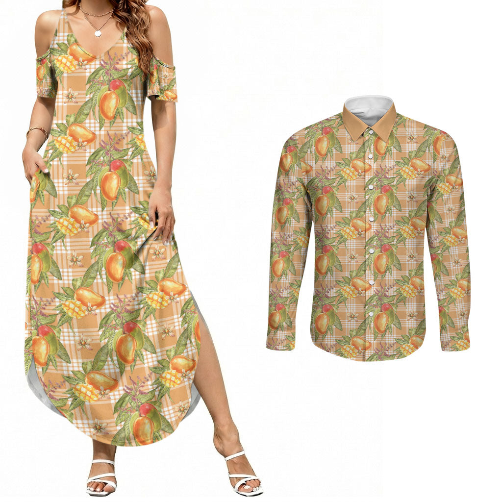 Vintage Hawaii Mango Couples Matching Summer Maxi Dress and Long Sleeve Button Shirt Coral Hawaiian Palaka LT05 Orange - Polynesian Pride