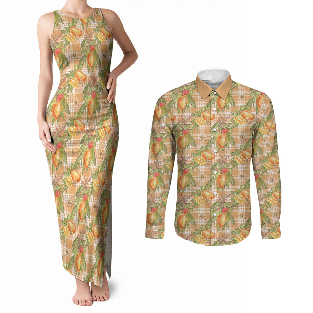 Vintage Hawaii Mango Couples Matching Tank Maxi Dress and Long Sleeve Button Shirt Coral Hawaiian Palaka LT05 Orange - Polynesian Pride