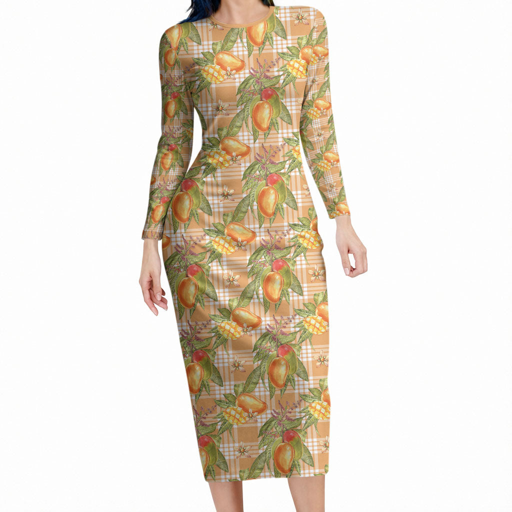 Vintage Hawaii Mango Long Sleeve Bodycon Dress Coral Hawaiian Palaka LT05 Long Dress Orange - Polynesian Pride