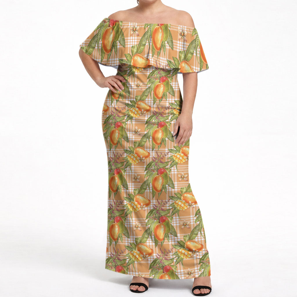 Vintage Hawaii Mango Off Shoulder Maxi Dress Coral Hawaiian Palaka LT05 Women Orange - Polynesian Pride