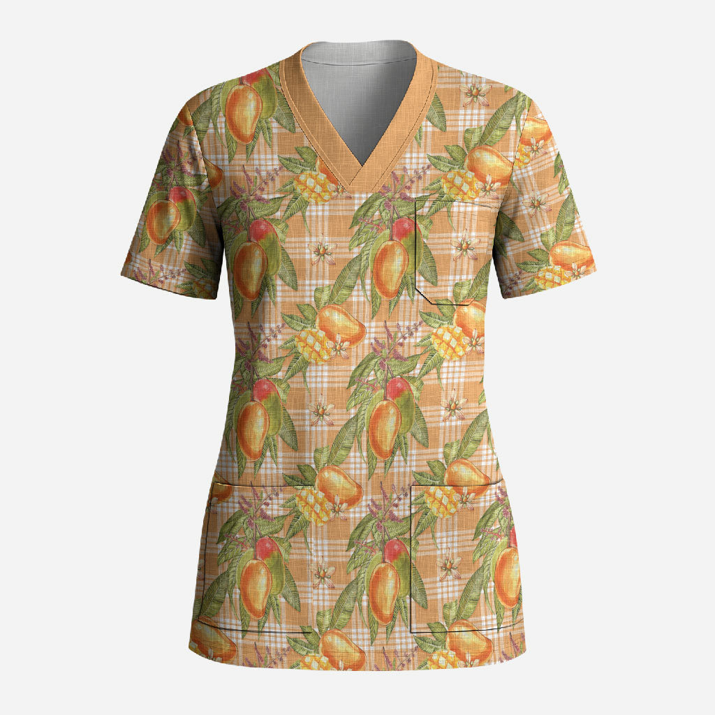 Vintage Hawaii Mango Scrub Top Coral Hawaiian Palaka LT05 Adult Orange - Polynesian Pride