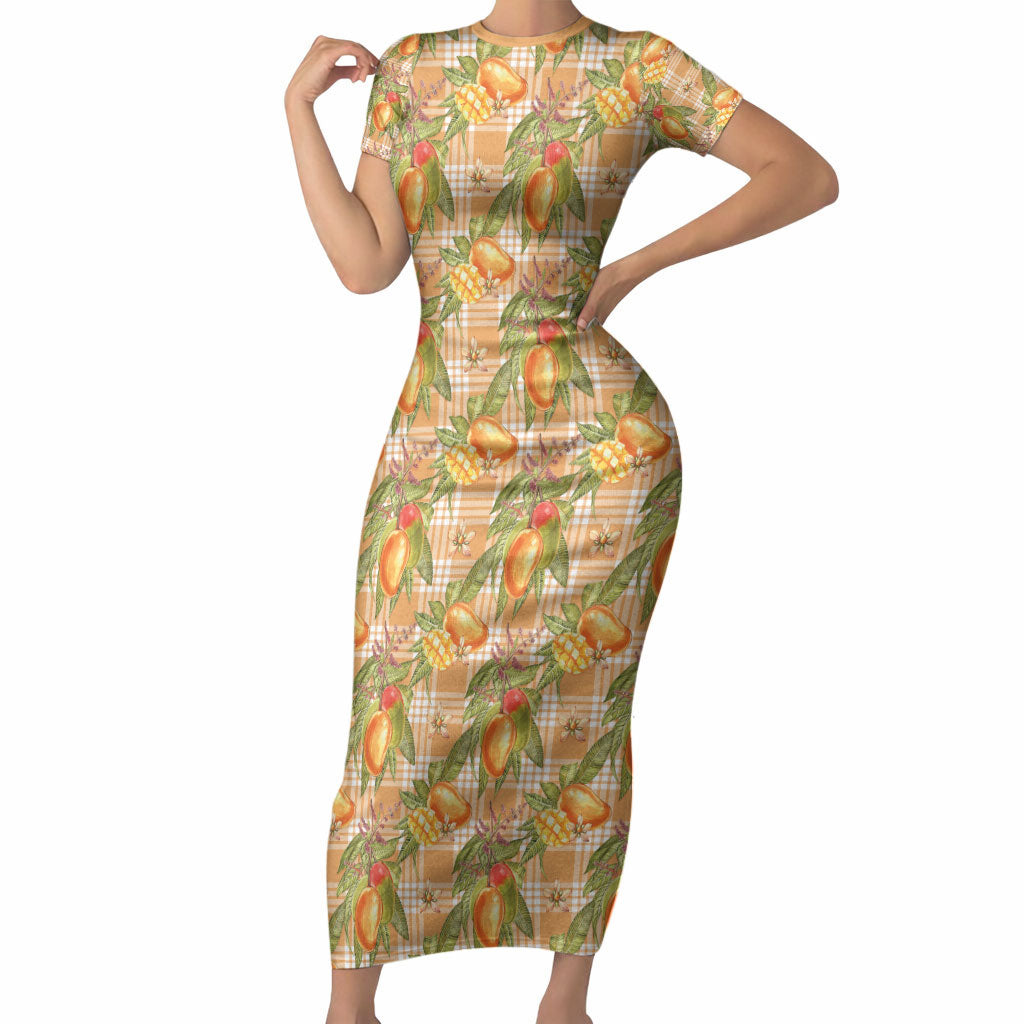 Vintage Hawaii Mango Short Sleeve Bodycon Dress Coral Hawaiian Palaka LT05 Long Dress Orange - Polynesian Pride