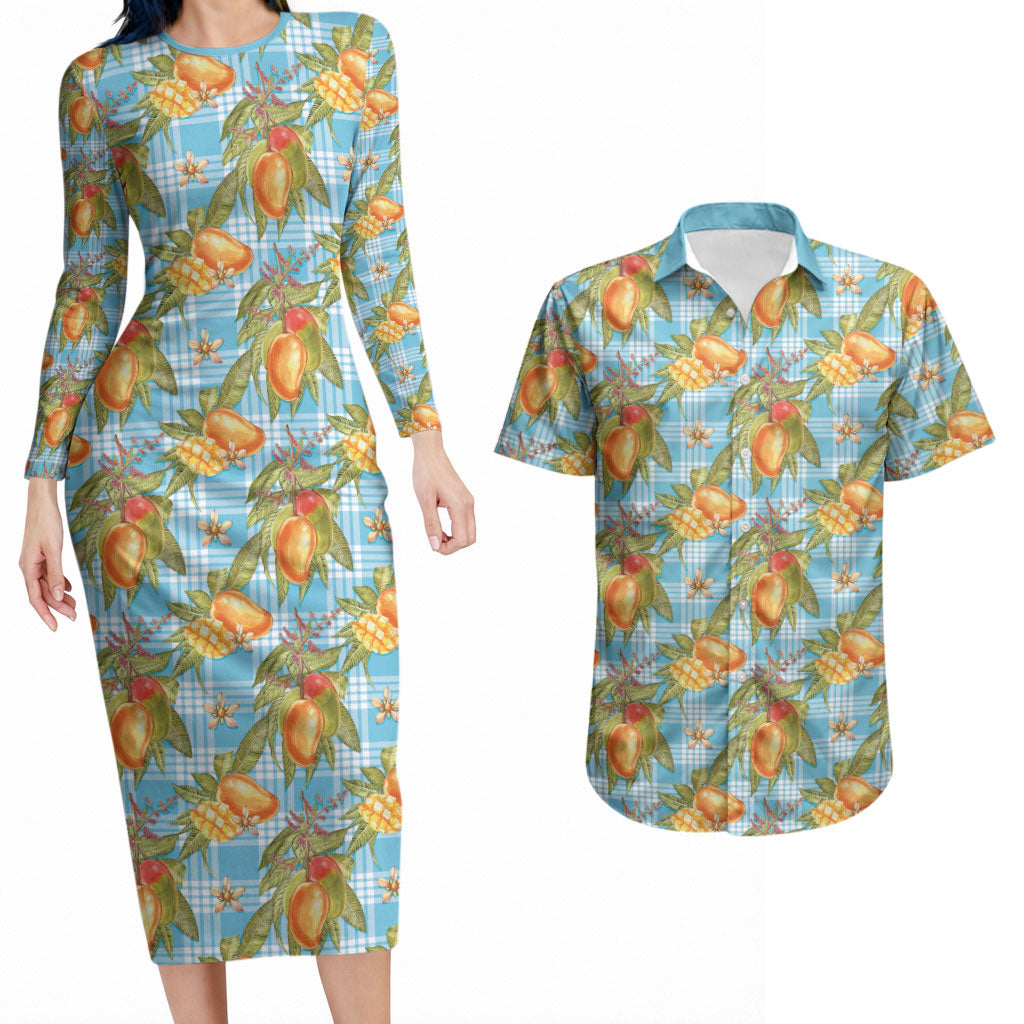Vintage Hawaii Mango Couples Matching Long Sleeve Bodycon Dress and Hawaiian Shirt Blue Hawaiian Palaka LT05 Blue - Polynesian Pride