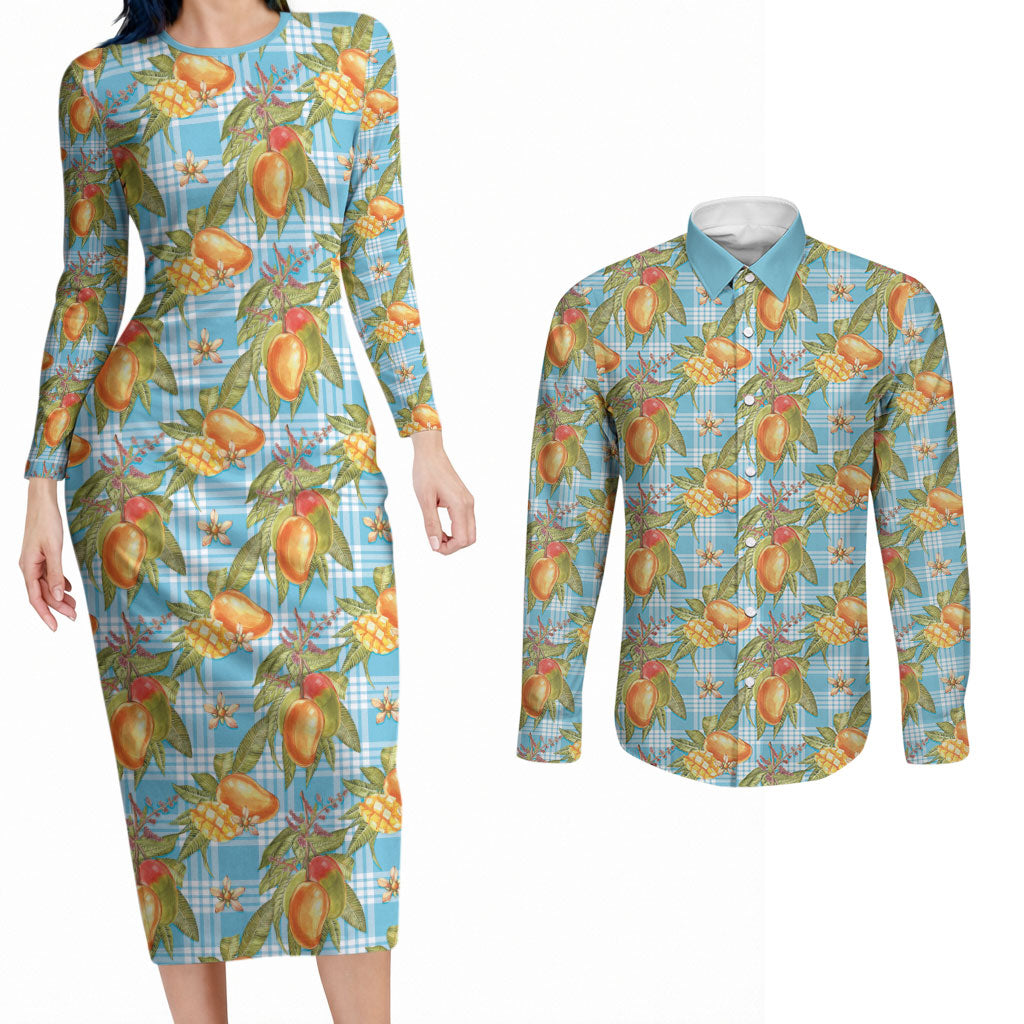 Vintage Hawaii Mango Couples Matching Long Sleeve Bodycon Dress and Long Sleeve Button Shirt Blue Hawaiian Palaka LT05 Blue - Polynesian Pride