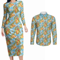 Vintage Hawaii Mango Couples Matching Long Sleeve Bodycon Dress and Long Sleeve Button Shirt Blue Hawaiian Palaka LT05 Blue - Polynesian Pride
