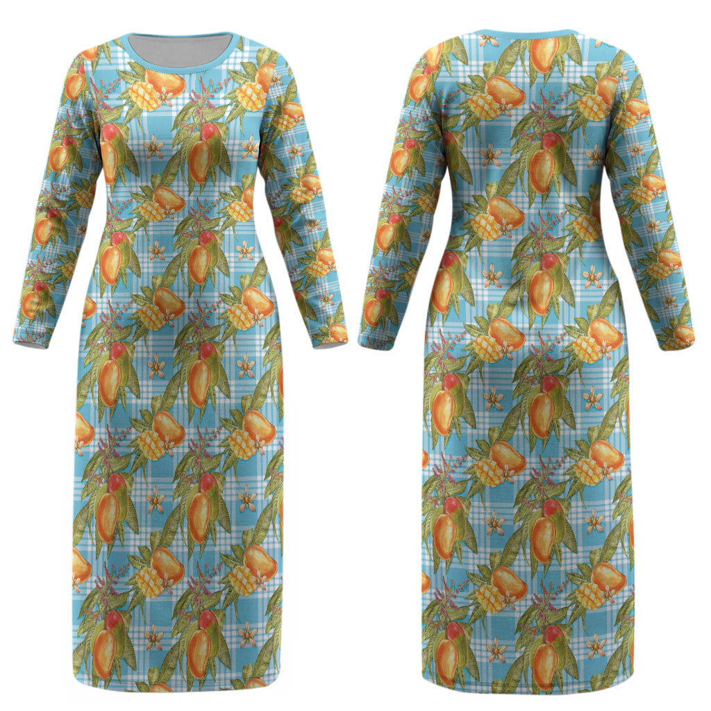 Vintage Hawaii Mango Couples Matching Long Sleeve Bodycon Dress and Long Sleeve Button Shirt Blue Hawaiian Palaka LT05 - Polynesian Pride